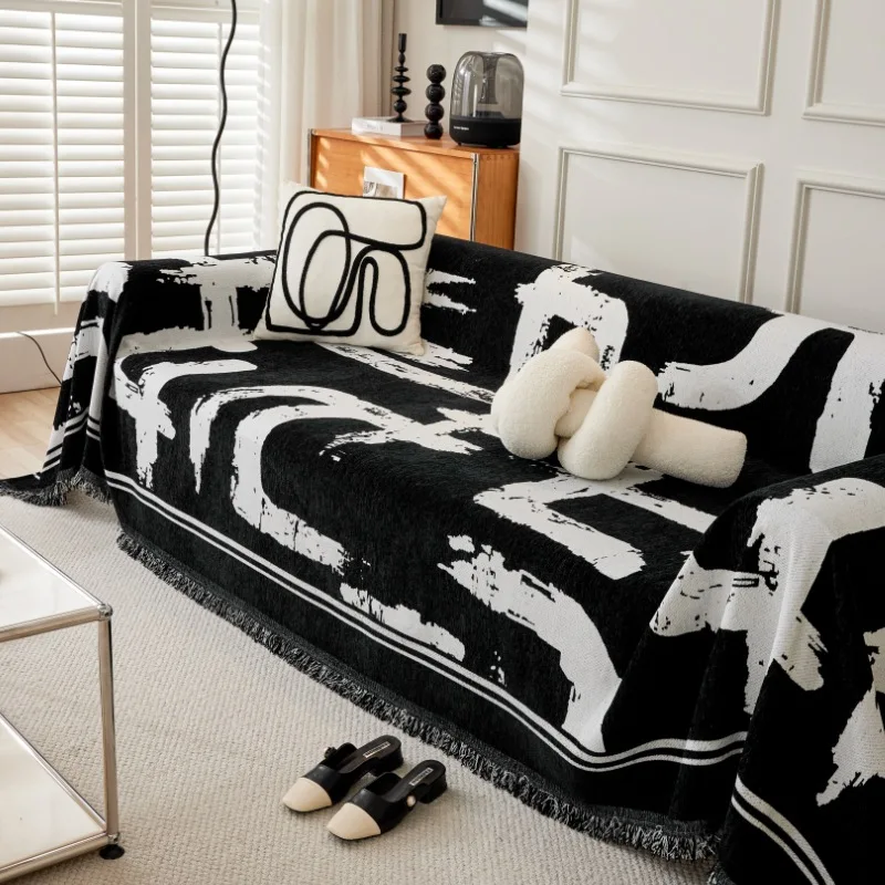 

Black and White American Light Luxury Style Sofa Cover Cloth All Season Universal Full Cover Cover Sofa Towel