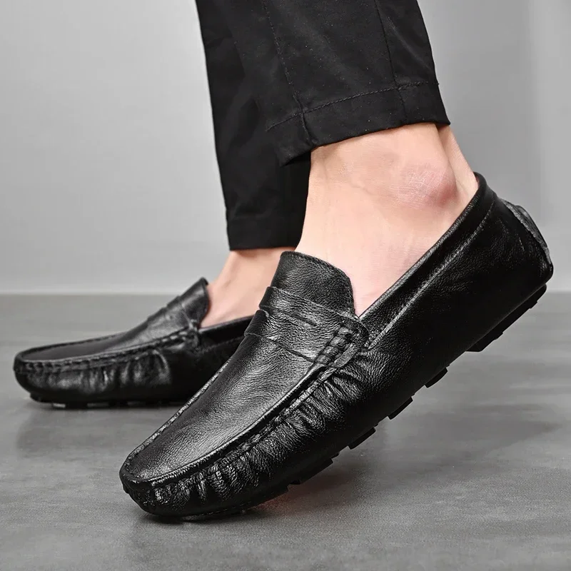 

New Men's Penny Loafer Leather Shoes Casual Driving Pea Shoes Convenient Foot Covering Hand Sewn Non slip Soles Daily Party