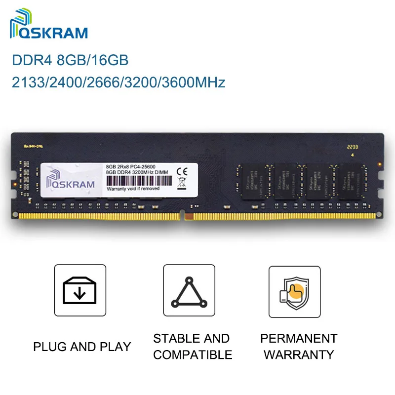 

SQK Memoria RAM DDR4 8GB 16GB 4GB 3200MHz 2666MHz 2400MHz 2133MHz 3600MHz Desktop Memory DIMM PC4-25600 21300 19200 1.2V 288Pins