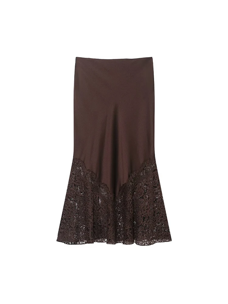 2026 New Women's Lace Splice Skirt Fashion Slit Commuting Chic Lace Spliced Long Skirt High Waist Elegant Female Solid New