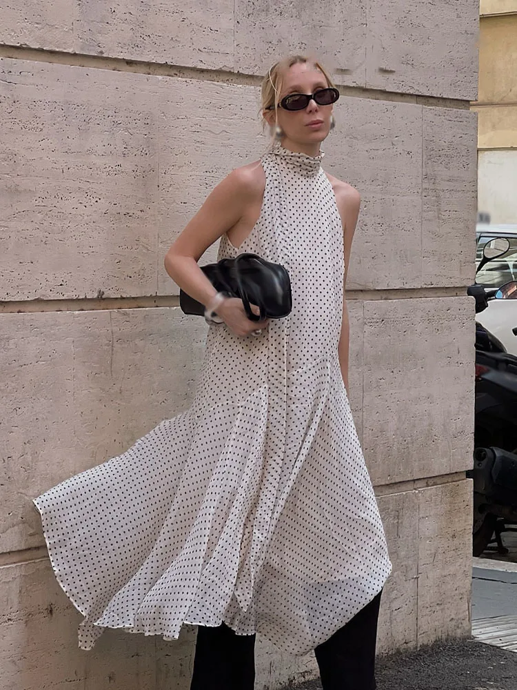 HH Sexy Halter Neck Bow Trim Women's Chic Vintage Polka Dot Casual