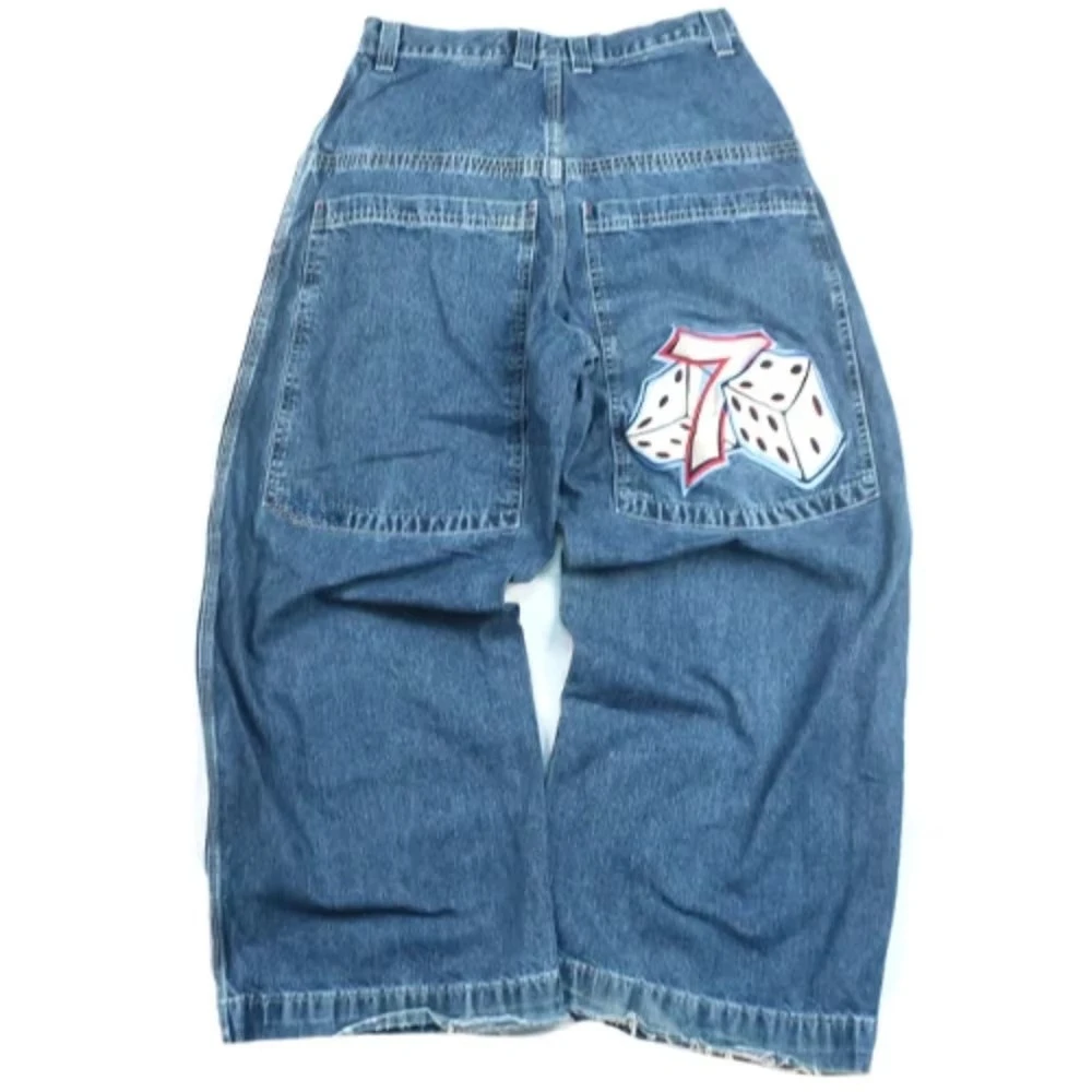 Streetwear Dice Embroidered Jeans Y2K Clothes Mens Harajuku Hip Hop Retro Embroidered Baggy Blue Jeans Low Rise Wide Leg Pants 2