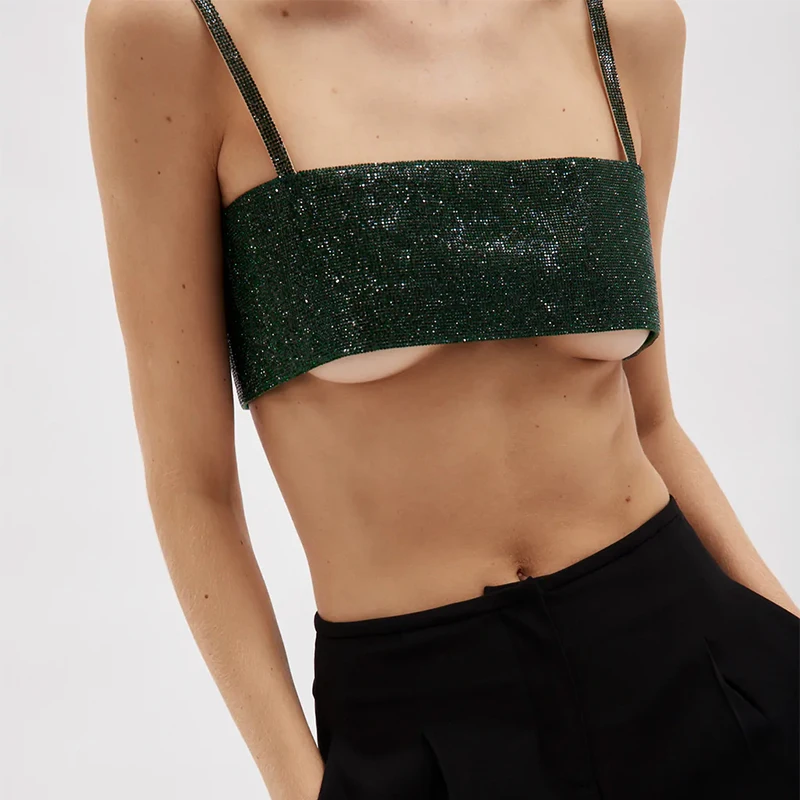 

Teenagers Sequined Charlotte Top Lime Green Female Silver Rhinestone Cropped Bralette Women Black Crystal Embellished Bra Top