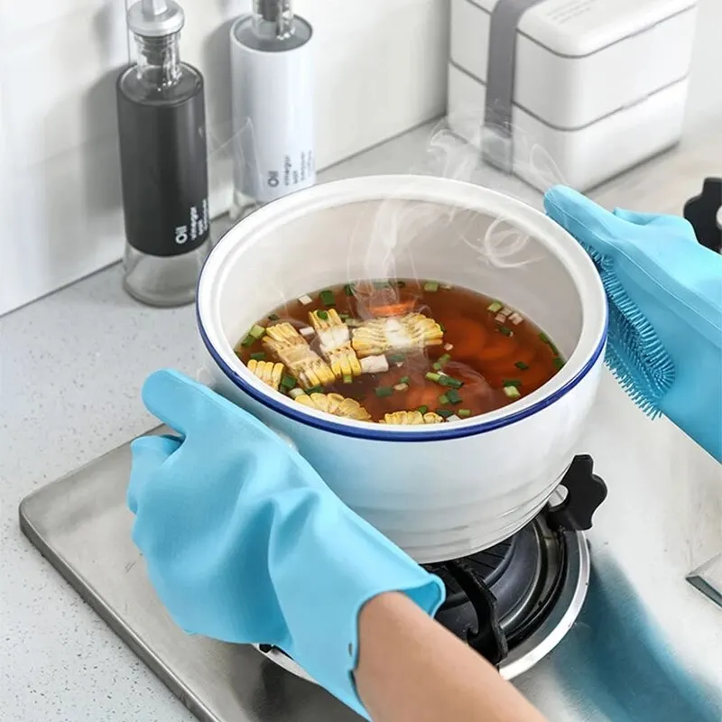 Dishwashing Gloves Dishwashing Cleaning Gloves Magic Silicone Rubber Dish Washing Gloves for Household Sponge Scrubber Kitchen Cleaning Tools