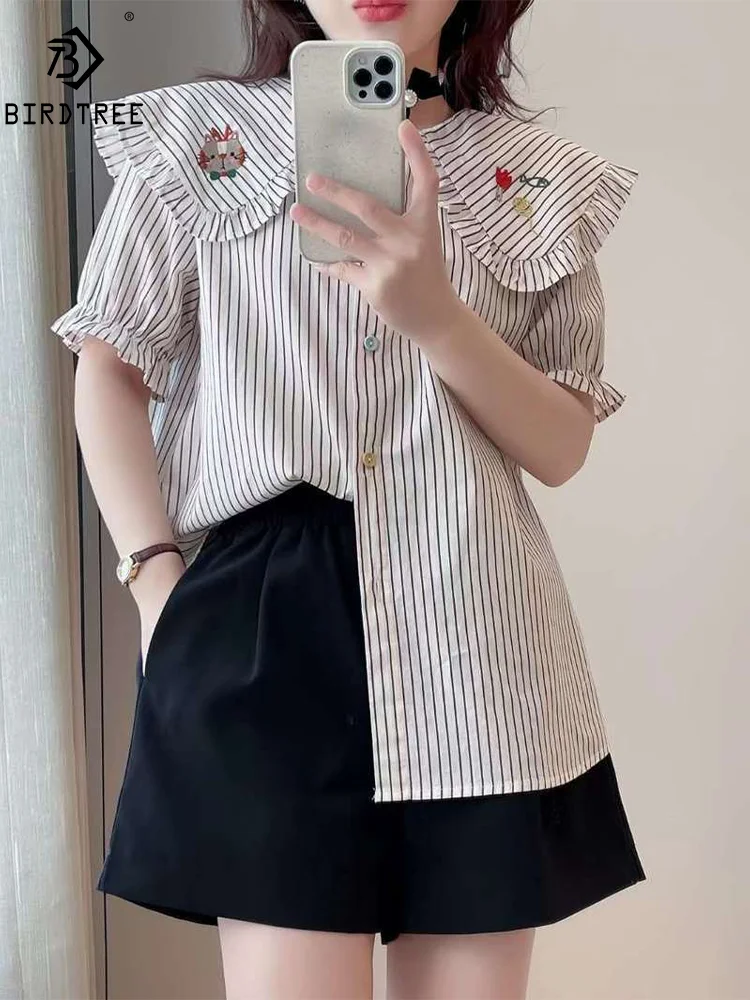 

New Spring Cotton Embroidery Shirts Women Short Sleeve Stripe Sweet Tops Girl Casual Loose Elegant Blouses 2024 Summer T44381QM
