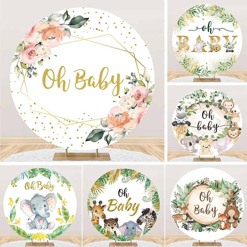 

Oh Baby Round Backdrop Cover 1st Birthday Safari Animals Elephant Baby Shower Party Flowers Grass Decor Circle Photo Background