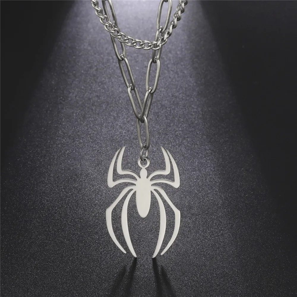 Skyrim Punk Spider Pendant Necklace for Women Men Stainless Steel Double Layer Collar Necklace Hip Hop Tiers Jewelry Gift_voghion.com