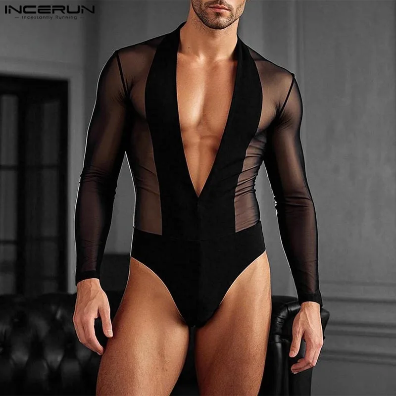 American Style Homewear Men's Splicing Mesh Jumpsuits Male Casual Bodysuits INCERUN