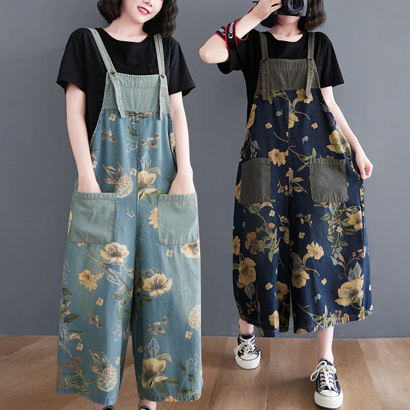 

2021 Summer New Fat Sister Print Denim Wide-leg Bib Street Tide Wide-leg Comfortable Jumpsuit