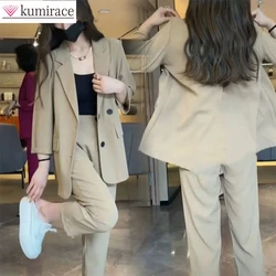 2022 Summer South Korea Thin Suit Suit Elegant Women Simple Fashion Coat High Waist Straight Tube Capri Pants Two-piece Set