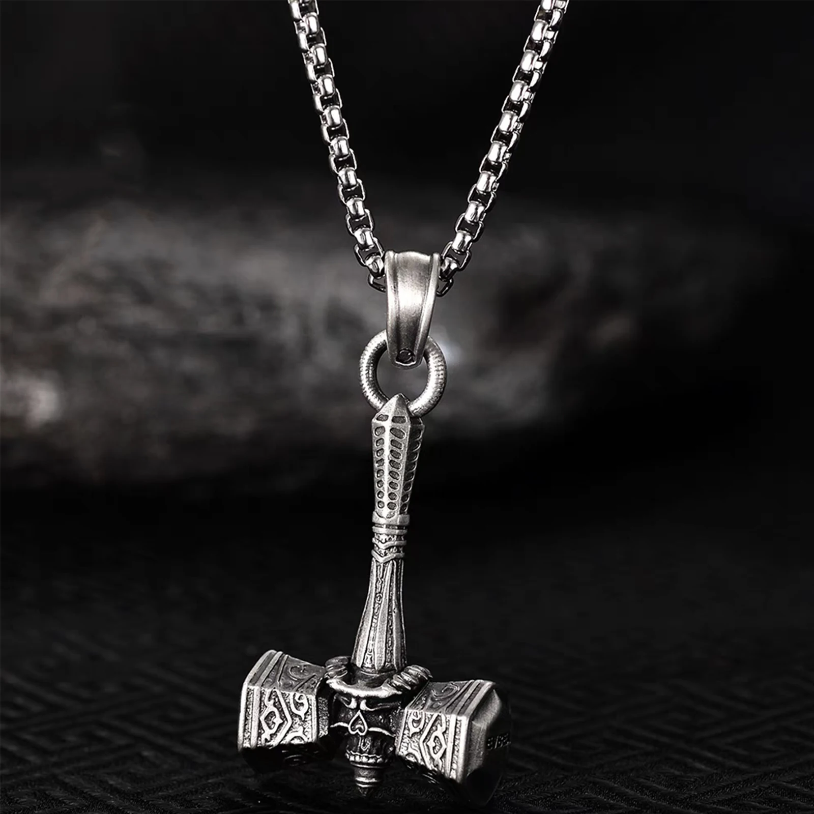 Men's Viking Necklace, Thor's Hammer Stainless Steel Jewelry, Nordic Rune Pendant Sweater Chain