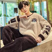 

2022 Winter Warm Flannel Men's Cartoon Dog Letter Pajama Sets Thicken Male Sleepwear Coral Fleece Lounge Pajamas Top +Pant