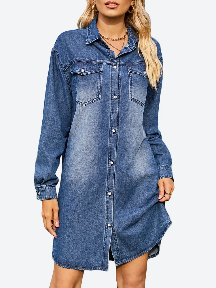 

Benuynffy Women Oversized Denim Shirt Dresses Fall Flap Pocket Casual Long Sleeve Button Down Jean Mini Dress Spring Streetwear