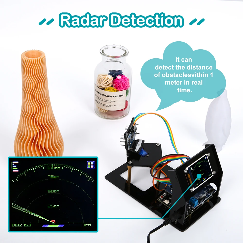 시뮬레이션 레이더 초음파 센서 DIY 로봇 공학 키트(R3, 1.8 TFT SPI 디스플레이, Arduino용 sg90 서보 포함)