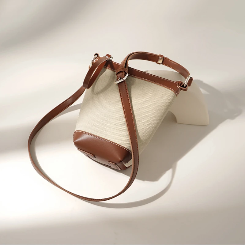 2023 Summer Canvas Bucket Bags for Women Fashionable Genuine Leather Shoulder Bag with Zipper Small Color-Block Crossbody Bag
