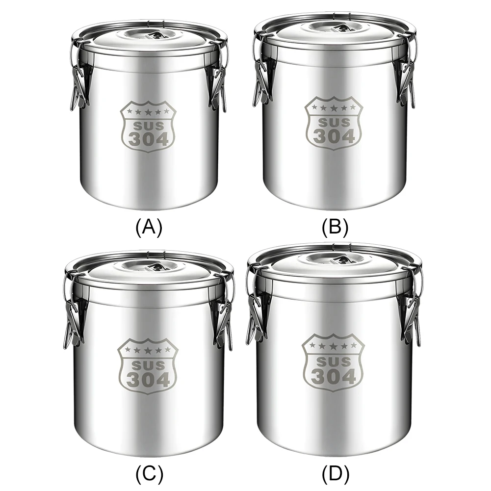 6/12/21/33L 304 Stainless Steel Airtight Canister with Lid Food Oil Sugar Milk Storage Bucket w/Handles for Home Kitchen