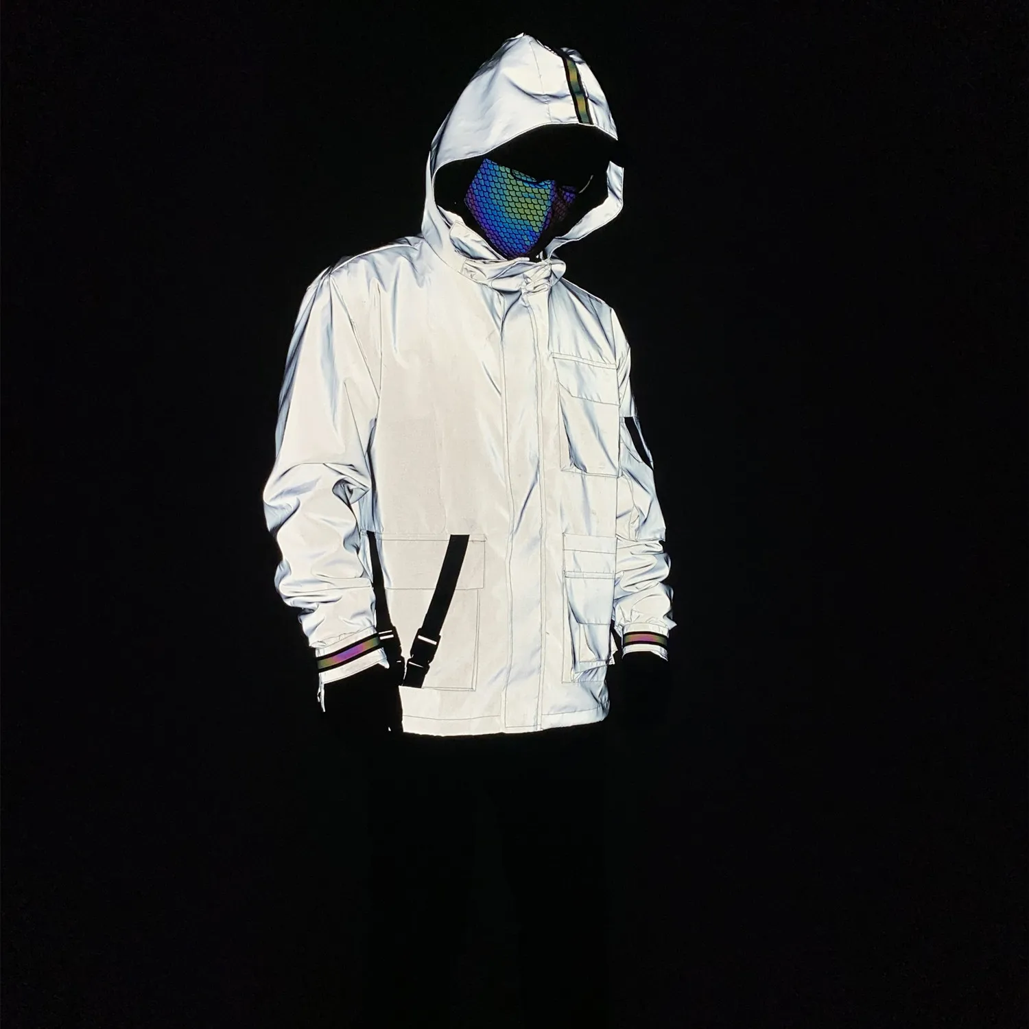 2023 Techwear Hip Hop Colorful Reflective Jacket Mens