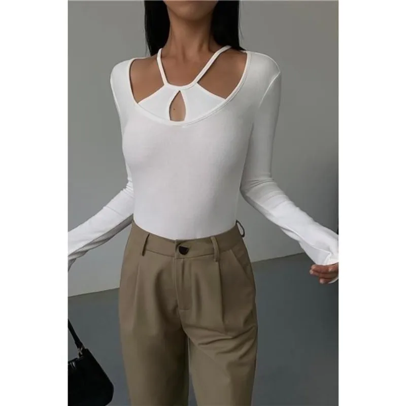 

2024Women's Spring and Autumn New Fashion Solid Color V-neck Hanging Neck Casual Versatile Long Sleeve Slim Fit T-shirt Top