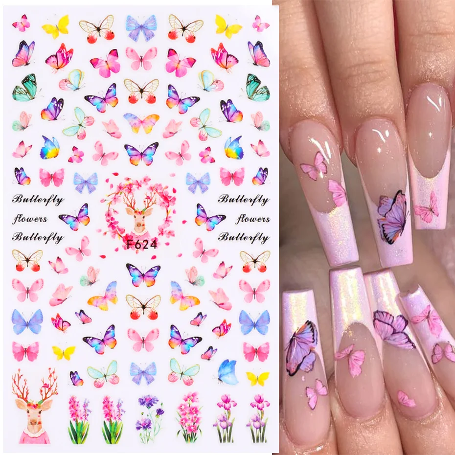 3D Blue Butterfly Adhesive Stickers for Nail Art Decoration - Laser Flower and Leaf Design