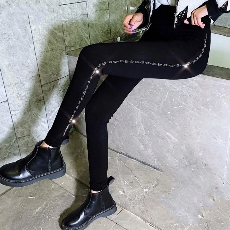 Autumn Winter Leggings for Women Sequin Rhinestone Pants Warm Plus Size High Waist Black Skinny Trousers heavy rhinestone shiny black casual pants women new summer trousers loose slimming color matching elastic waist satin sweatpants