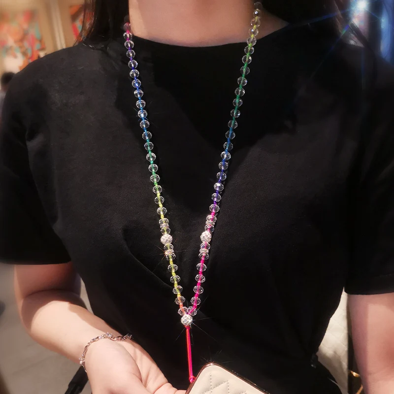 Long Crystal Beads Hanging Neck Chain Hand-woven Beaded Womens Colorful Rope Phone Case Anti-lost Lanyard Mobile Pho