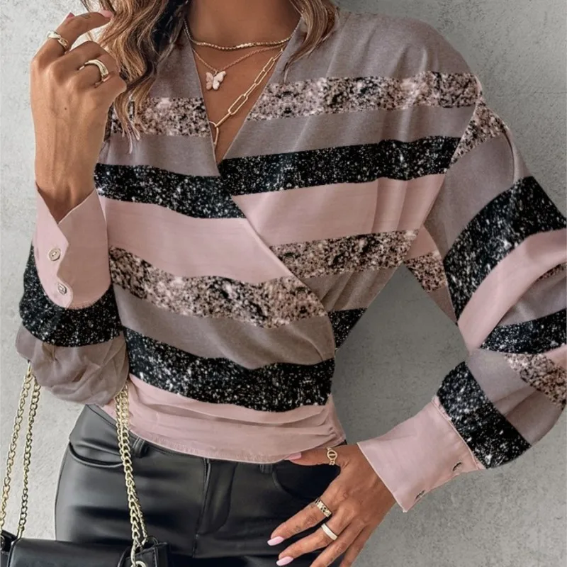 

Autumn Long Sleeved Fashion V-neck Printed Women's Tops Sexy Slim Fit Shirt Leisure Blusas Femininas Elegantes Blouses 2024