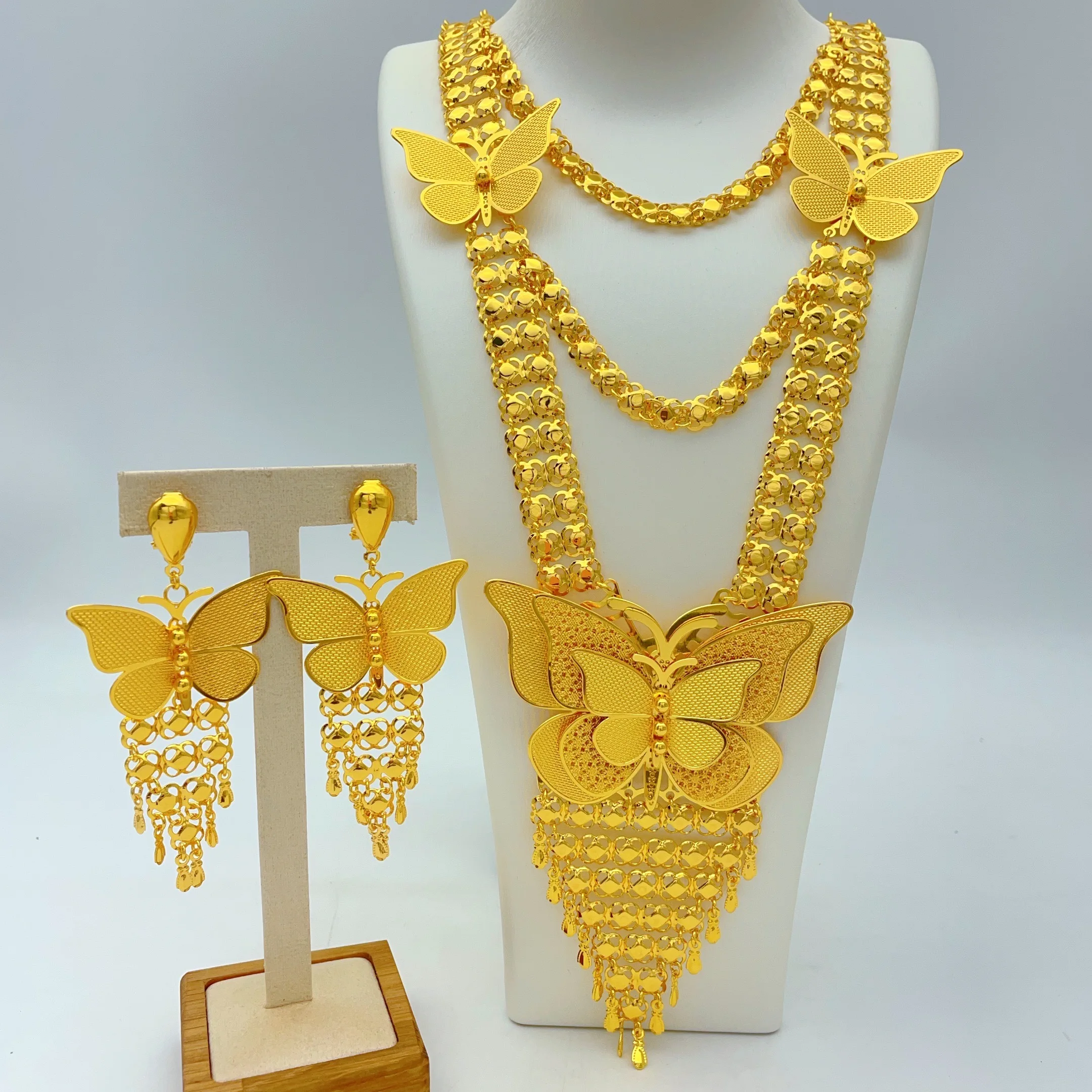 Juego de Collar y Pendientes Largos de Mariposa Etíopes de Lujo para Novias, Joyería de Color Oro 24k Estilo Dubai Indio, Regalos para Banquetes