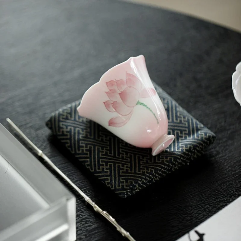 Pink HandPainted Lotus Ceramic Tea Cup Flared Rim Zen Tea Bowl for Kung Fu Ceremony Floral Design HighStem Sipping Cup
