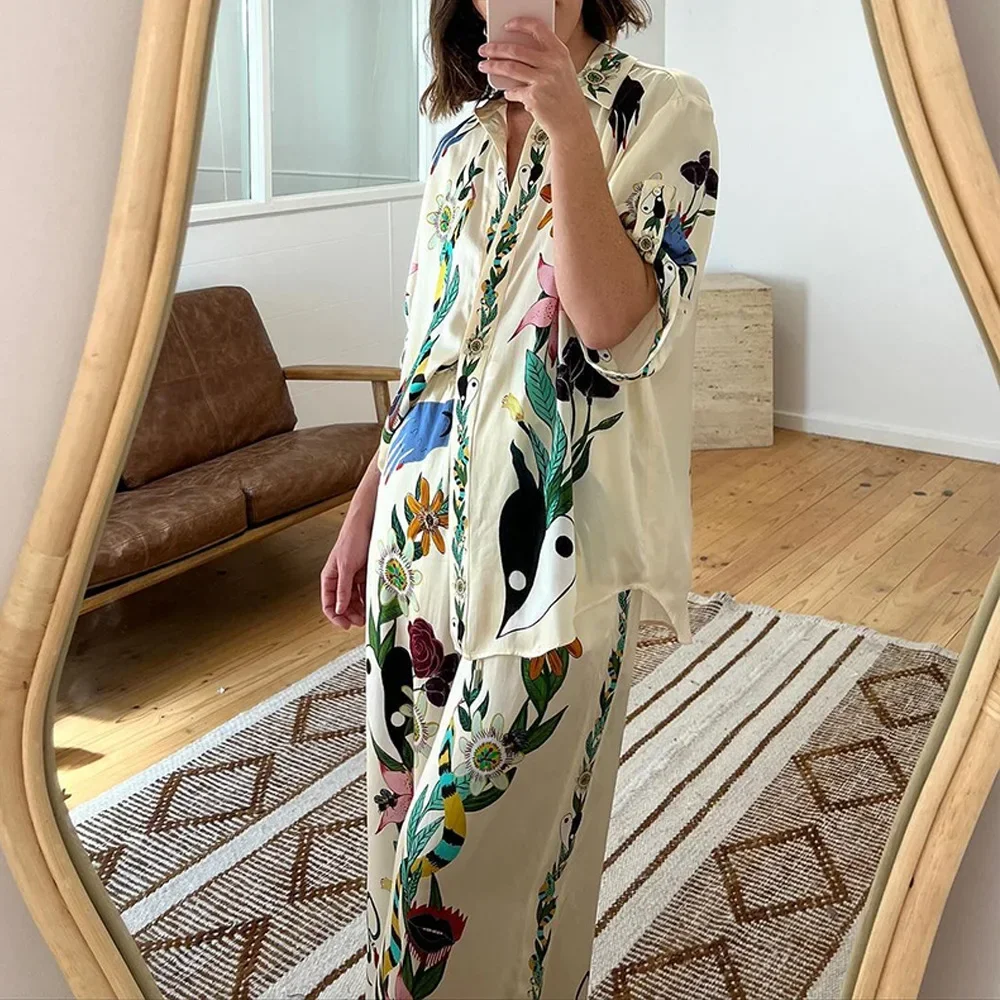 Women Printed  Pieces Set Short Sleeve Top Loose Long Pants Lady Spring Summer Hawaii Beach Casual Indie Folk Outfits 2024 NEW
