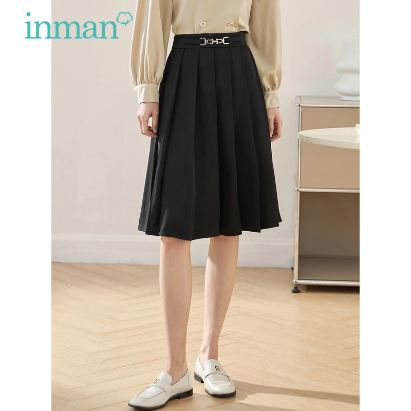 INMAN Women Skirt 2023 Spring High Waist A-shaped Loose Vintage Versatile Black Elegant Official Mid-length Pleated Skirt [puma]official puma pop cat 20 37227909