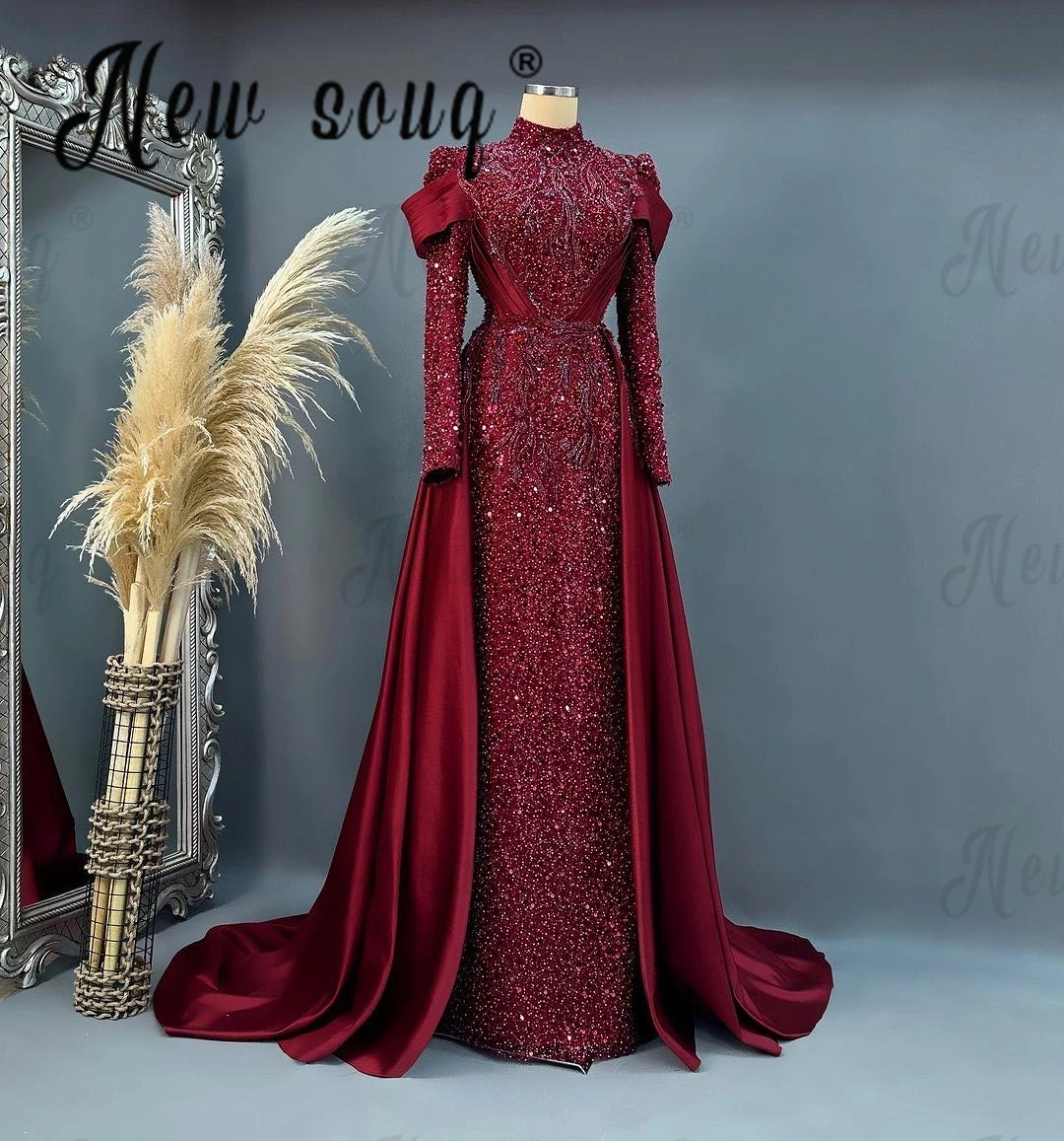 

Middle East Women Engagement Dress Plus Size Custom Made Burgundy Beading Luxury Evening Dress Women Wedding Party Gowns Arabic