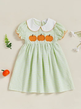 Girls Pumpkin Embroidery Halloween Dress With Doll Collar