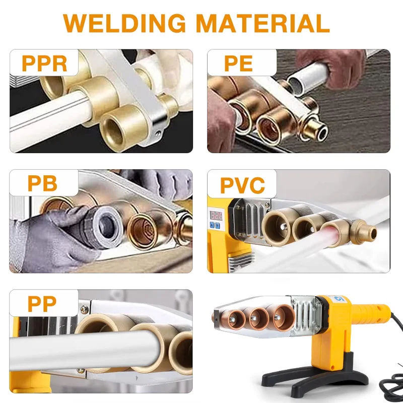 800W 900W Pipe Welding Machine Pipe Soldering Iron Plastic Welding PP/PPR/PB/PE Tube Heating Hot Melt Tool 63/32Types