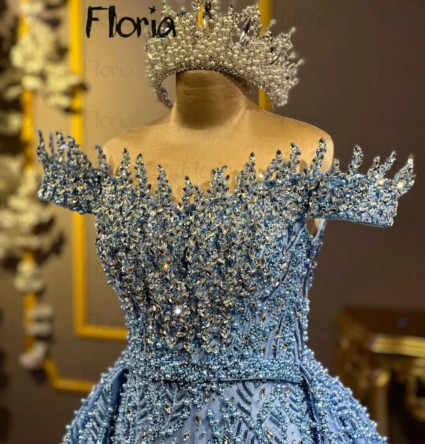 Sparkly Crystals Blue Prom Dresses Detachable Train Pieces Off