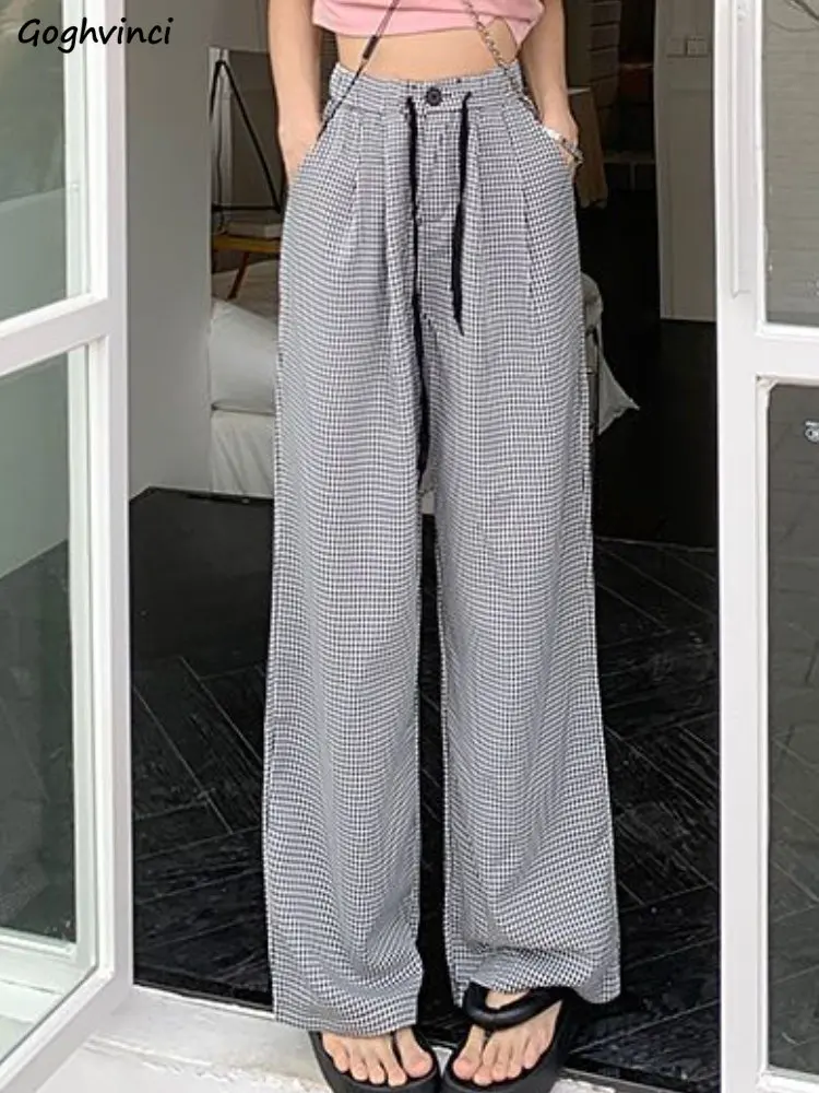 

Wide Leg Pants Women Gingham Streetwear Loose Spring All-match High Waist Casual Korean Style Simple Fashion Female Daily Ins