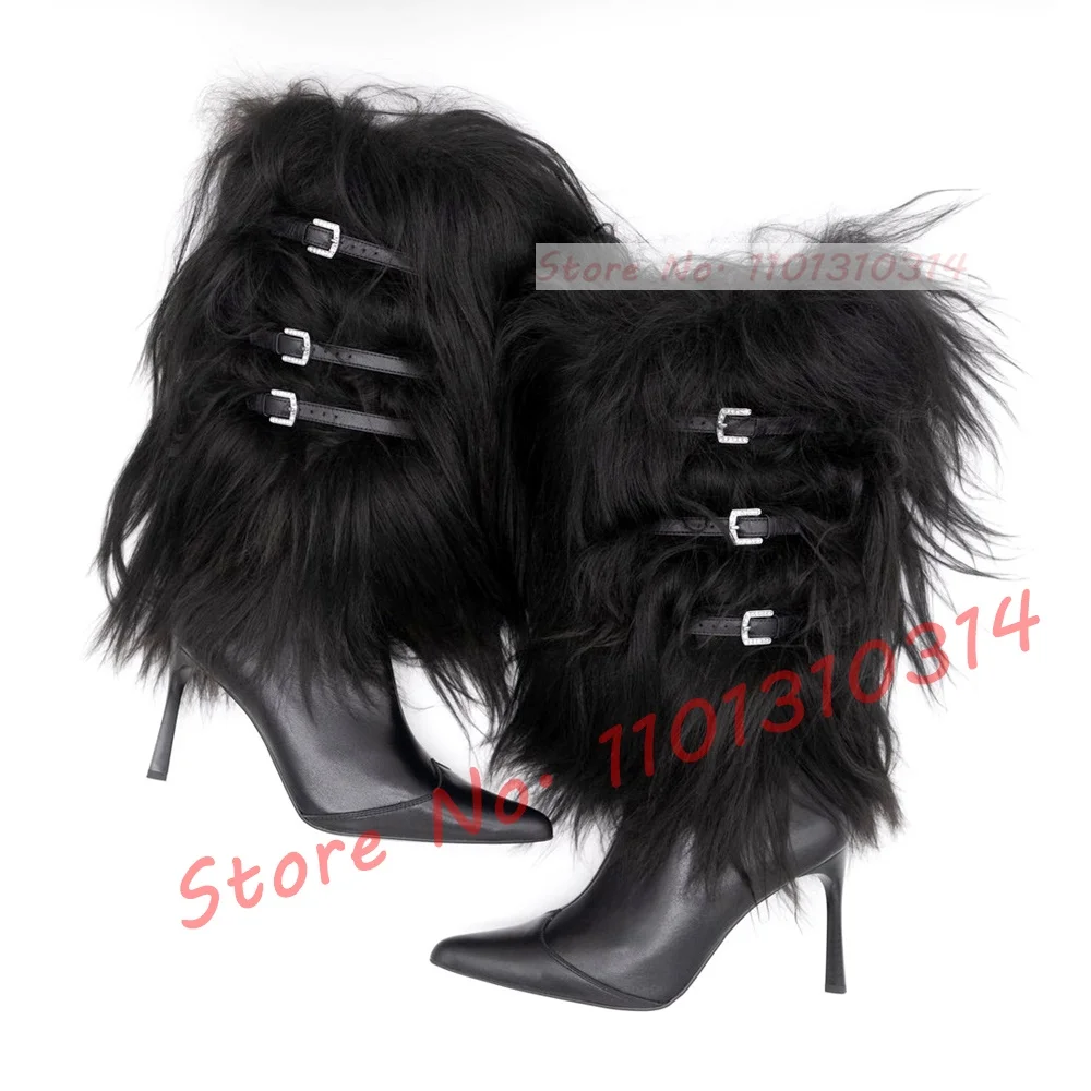 

Black Fur Fluffy Mid-calf Boots Women Sexy Fashion Cross Belt Buckle Pointed Toe High Heel Shoes Ladies Big Size Stiletto Boots