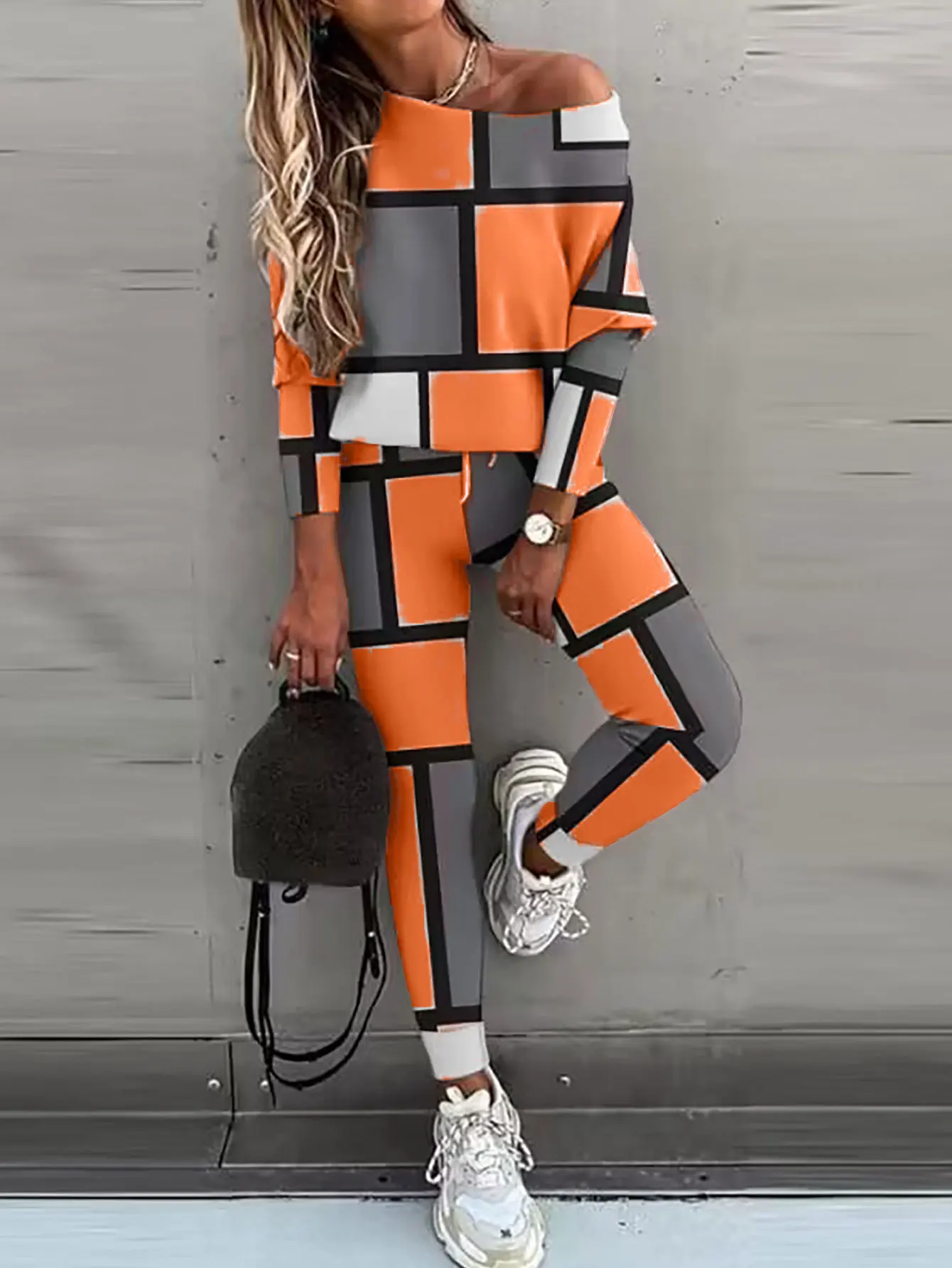 Women Stylish Geometric Prints Long Sleeve Top & Pants Set Two Pieces Suits Casual Pants Outwear
