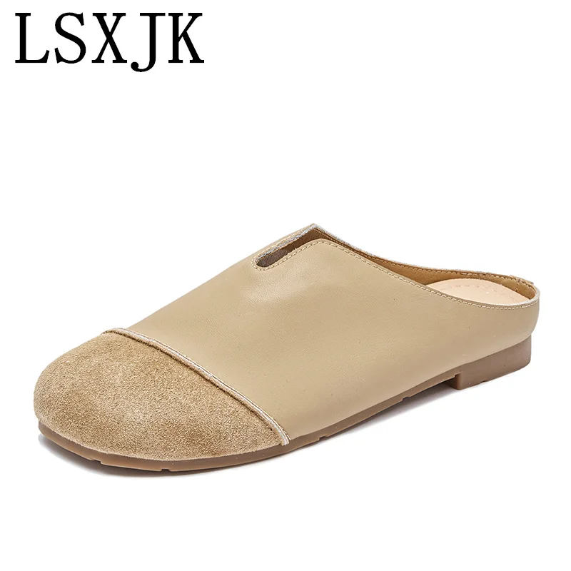 

LSXJK Sandals Woman Summer 2022 New Flat Slip-On Genuine Leather Retro Slippers Outer Fashion Women's Shoe
