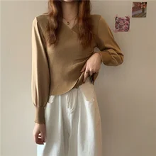 

V-neck Round Neck Pullover Slim Long-sleeved Top Autumn and Winter New Casual Korean Long-sleeved Cute Sweet Sweater