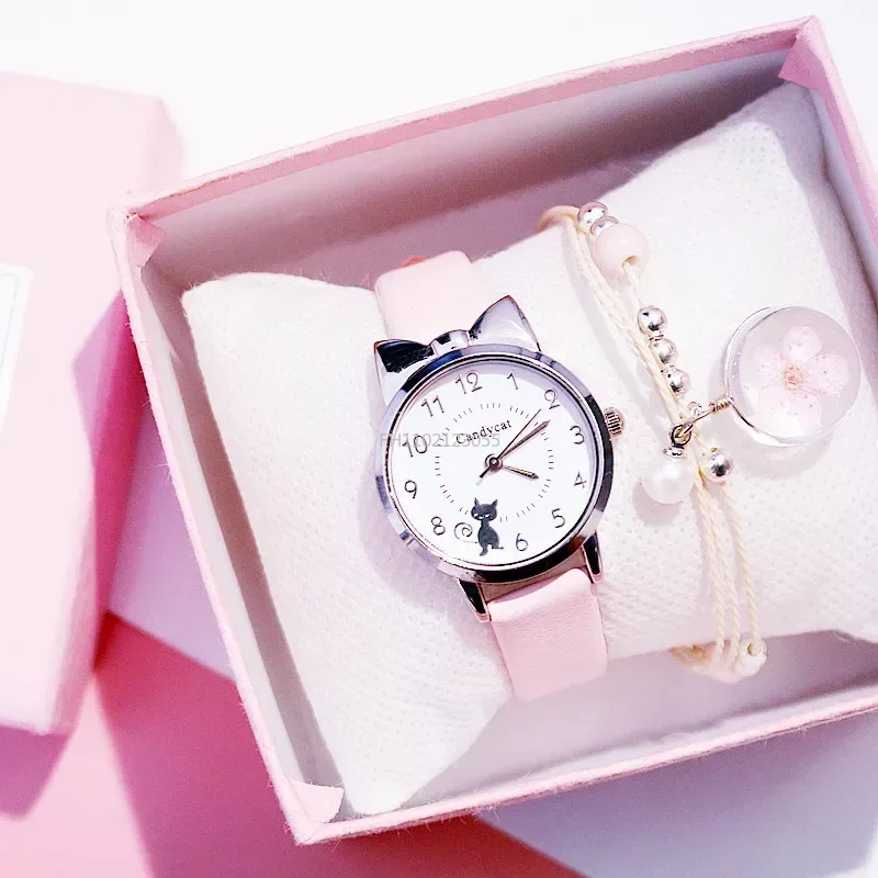 Cute Kids Children Watch Cartoon Cat Multi-color Quartz Clocks for Girls Clock WristWatch Rosette Watches Colorful Gift(No Box)