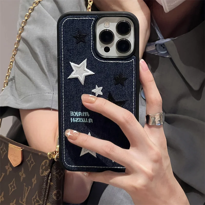 Cute Denim Fabric Embroidery Star Phone Case