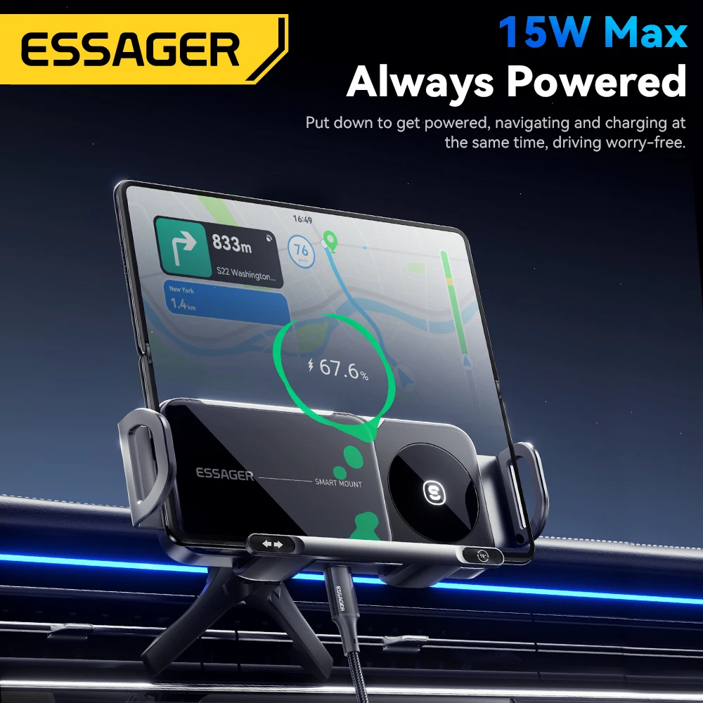 Essager Fold Screen Car Wireless Charger 15W For Samsung Galaxy Z Fold 6 5 Note 20 10 9 8 Dual Coil Rotatable Car Phone Holder