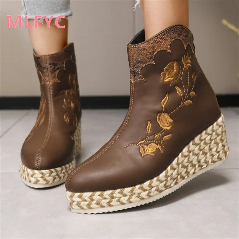 Slope Heel Thick Sole Round Head High Heel Short Boots Back Zipper Women's Simple Retro Flat Bottom Boots Brown Platform Shoes