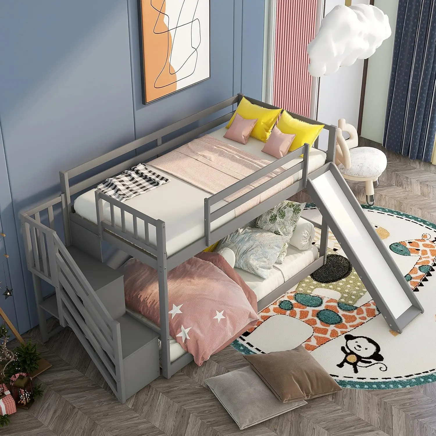 Twin Bunk Beds with Slide for Kids, Low Profile Bunk Beds with Staircase, No Box Spring Needed 3