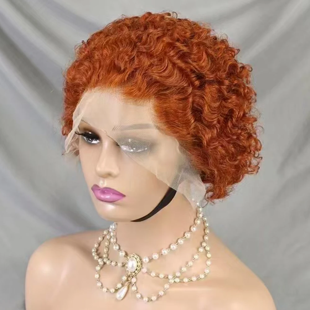 Short Bouncy Curly Pixie Cut Human Hair Wig Ginger 350# Color 180 Density 13x4 Transparent Lace Frontal Hair Wig for Black Women