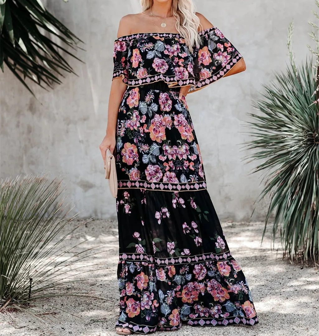 Flower Print Off Shoulder Long Dresses For Women Spring Summer New Fashion Temperament High Waist Leace-up Dress Female Vestidos 34 undefined