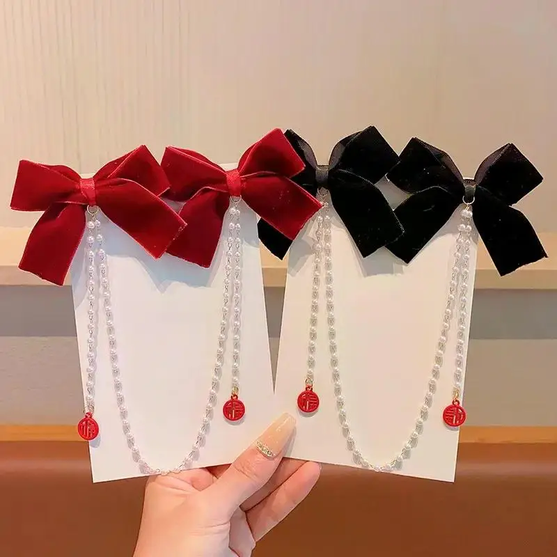 Neue Elegante Perlen-Schleife Quasten-Haarspangen Einfarbige Samt-Haarklauen Kinder-Prinzessinnen-Haarnadeln Haaraccessoires – Detail 3