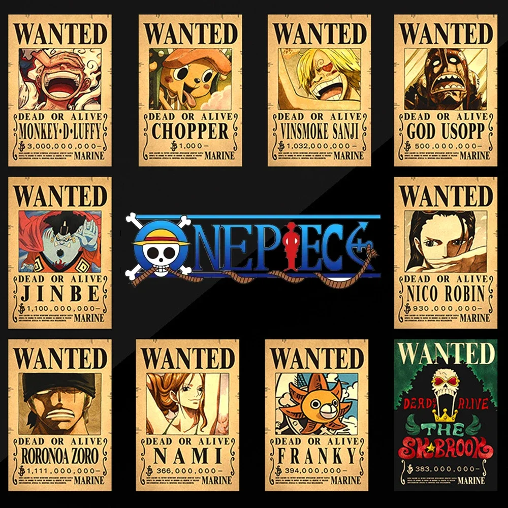 5-12Pcs Rufy Gear 5 One Piece Wanted Poster Set Pack Cappello Di Paglia Pirati Vintage Painting Bed Room Living Wall Decorare Giocattolo Per Adulti