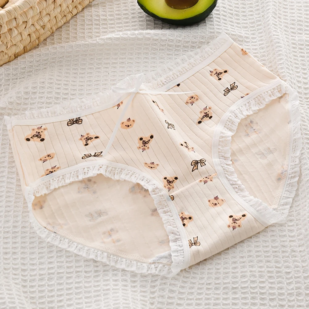 Women Cute Teddy Bear Print Panties Vertical Stripe Girl Underpant Underwear Comfortable Knicker Breathable