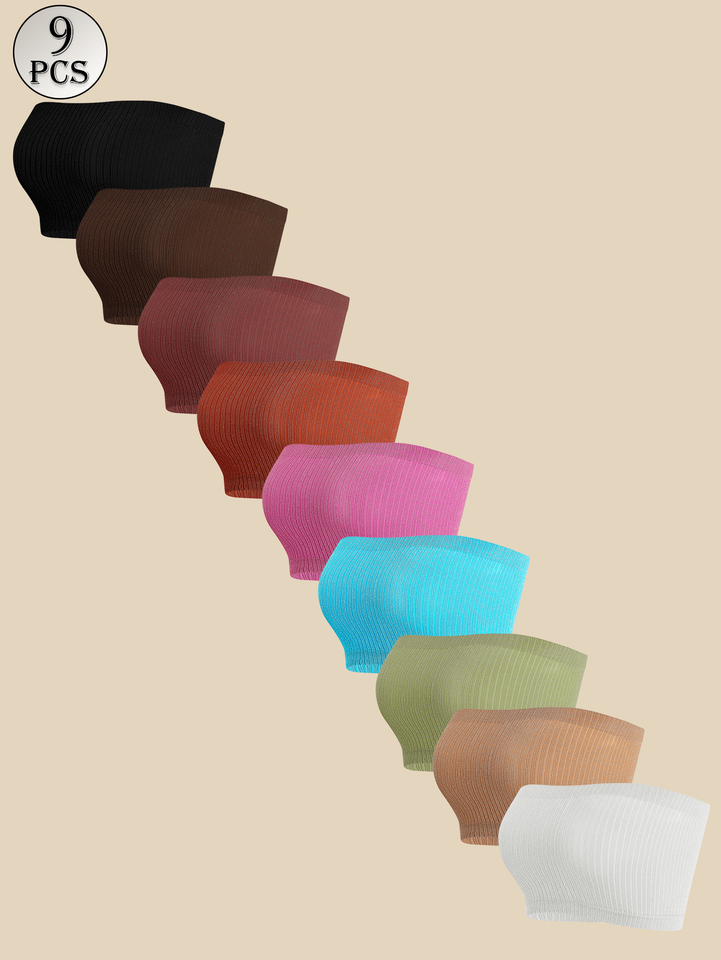 9 Pieces of Women's Tops, Elastic and Comfortable Seamless Ribbed Strapless Invisible Underwear